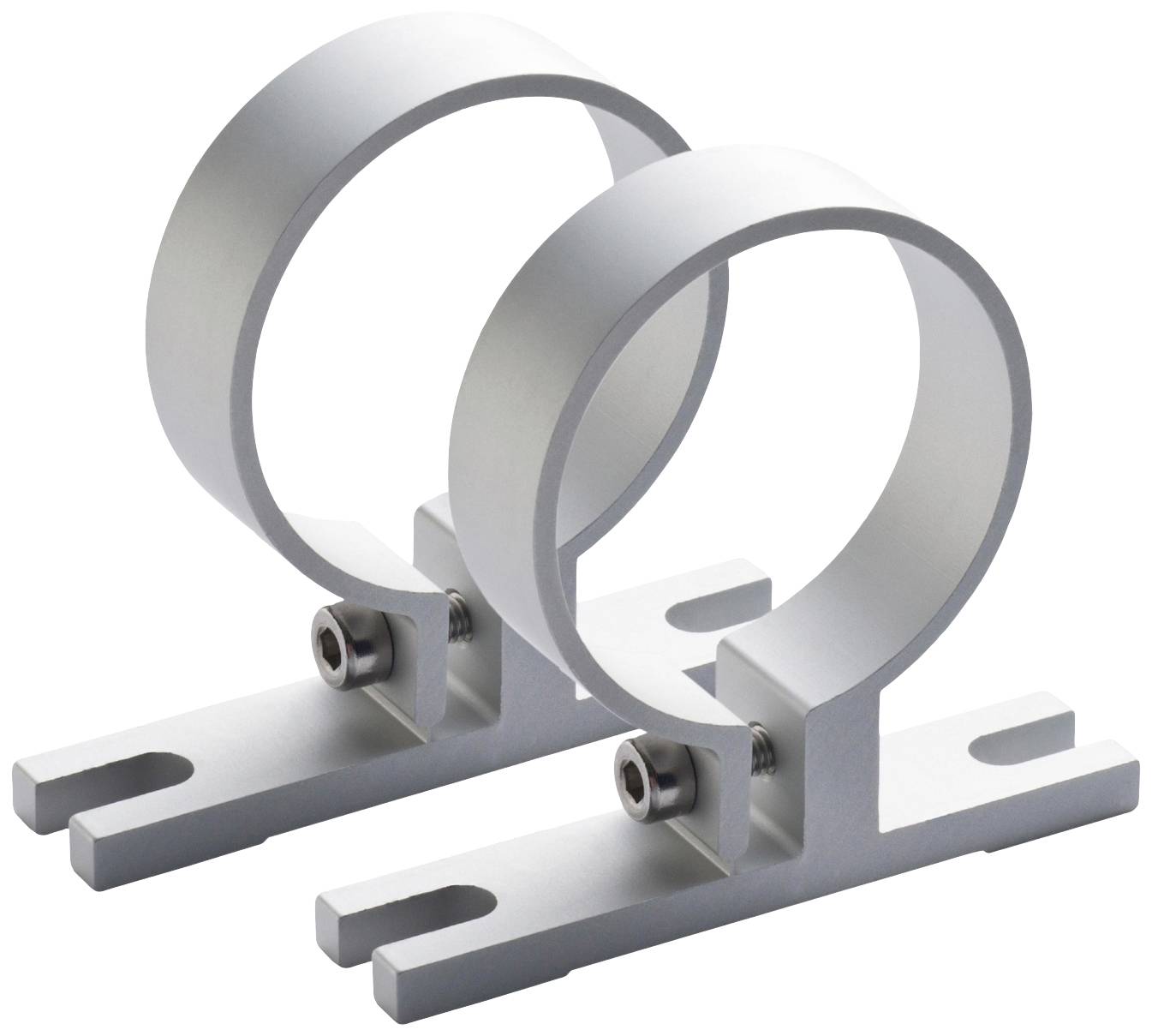 Deux supports en métal argenté avec des pinces rondes et des vis sur une base plate, destinés à la fixation de tubes ou de cylindres.
