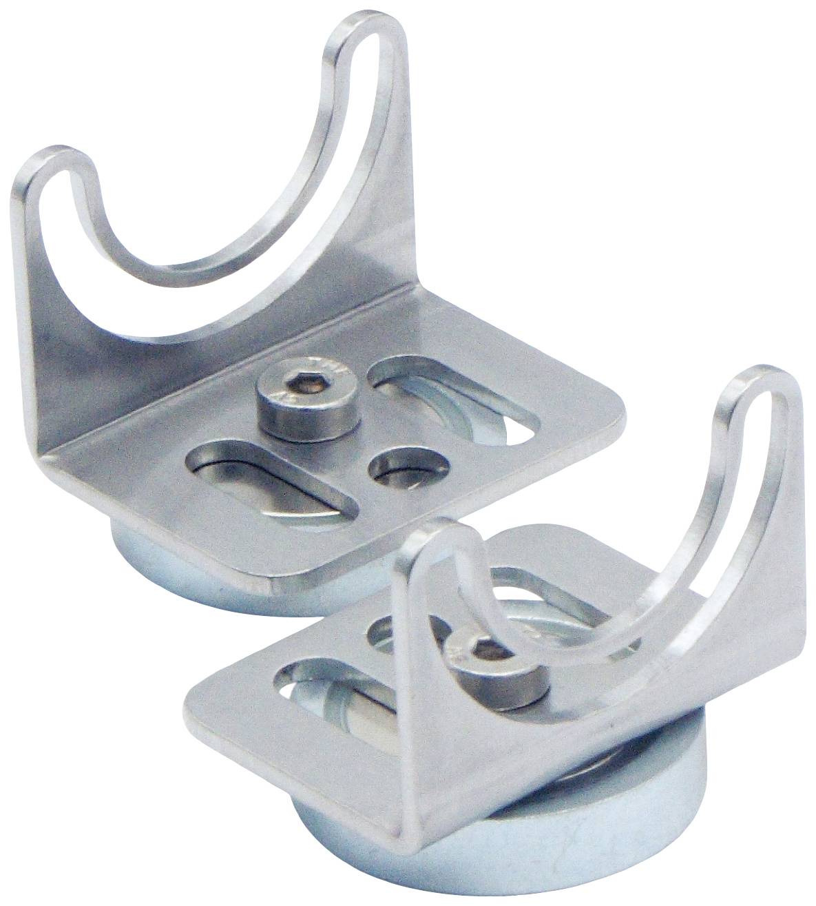 Deux supports métalliques argentés avec des découpes en U pour la fixation d'objets, adaptés aux applications techniques.