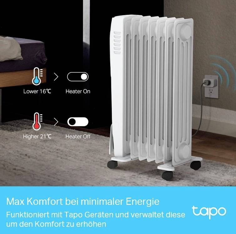 Un radiateur électrique est contrôlé via l'application Tapo. Deux réglages de température : « Basse 16°C » et « Haute 21°C ».