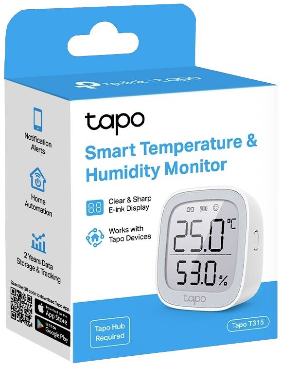 Capteur de température et d'humidité Tapo en blanc, affichant 25,0°C et 53,0% d'humidité sur l'emballage.