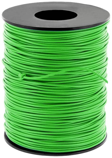 Un grand rouleau de fil vert, enroulé serré, sur un noyau de bobine en plastique noir.