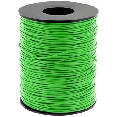 Un grand rouleau de fil vert, enroulé serré, sur un noyau de bobine en plastique noir.