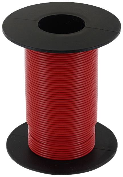 Bobine de plastique rouge avec un fil rouge, enroulée entre deux disques noirs.