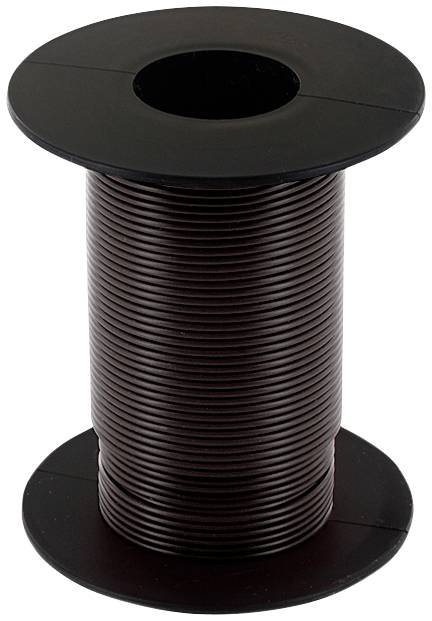 Une bobine noire avec un câble brun foncé enroulé.