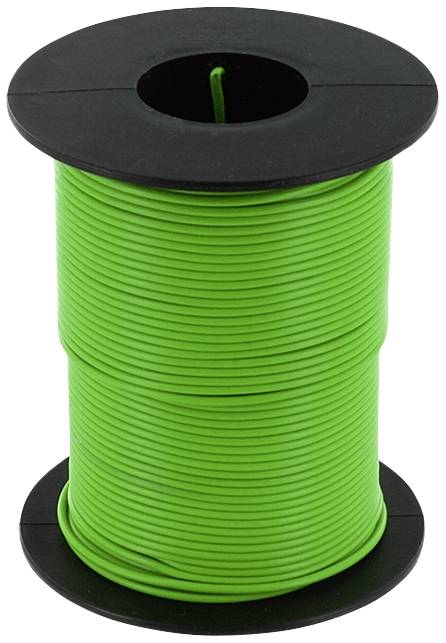 Une bobine noire avec du fil en plastique vert, enroulée et prête à être utilisée dans des projets électriques ou artisanaux.