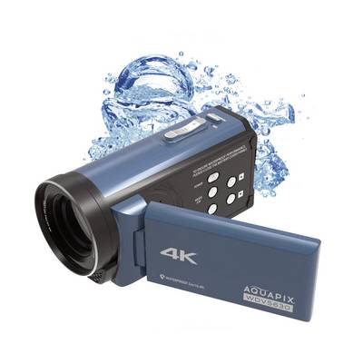 Caméra vidéo 4K bleue avec écran déplié, sur lequel est inscrit 'AQUAPIX WDV5630'. Des gouttes d'eau suggèrent l'étanchéité.