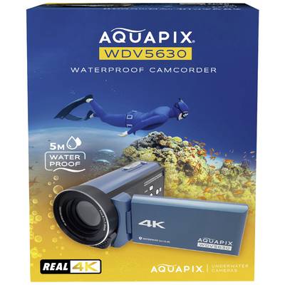 Emballage étanche pour caméscope de la marque Aquapix, modèle WDV5630, montrant un plongeur et un appareil photo avec fonction vidéo 4K jusqu'à 5 mètres de profondeur.