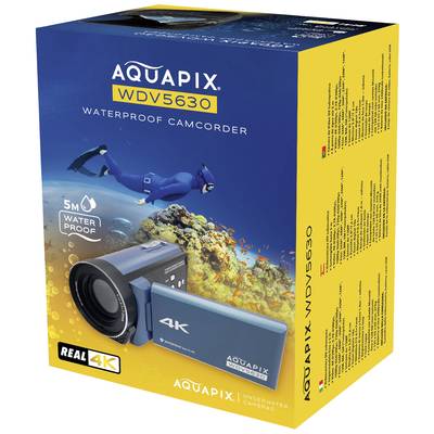 Emballage d'une caméra vidéo étanche Aquapix WDV5630. On y voit un plongeur sous l'eau. Mis en évidence : résolution 4K et étanchéité jusqu'à 5 mètres.