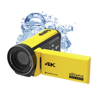 Caméra vidéo 4K jaune 'Aquapix WDV5630', protégée contre les éclaboussures, avec écran déplié et gouttes d'eau en arrière-plan.
