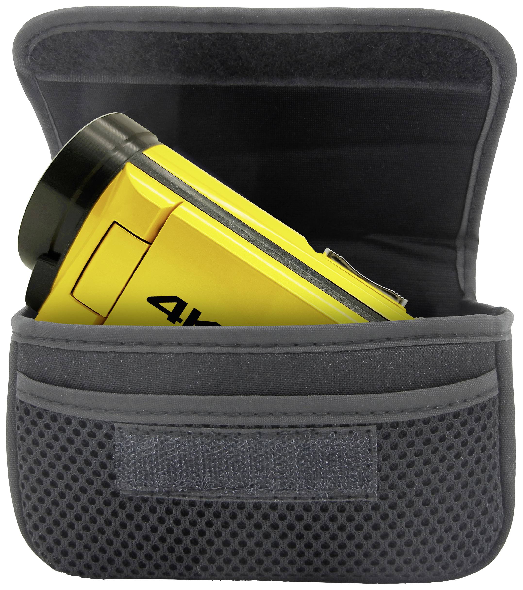 Appareil photo jaune dans un sac en tissu noir, partiellement ouvert, visible de côté.