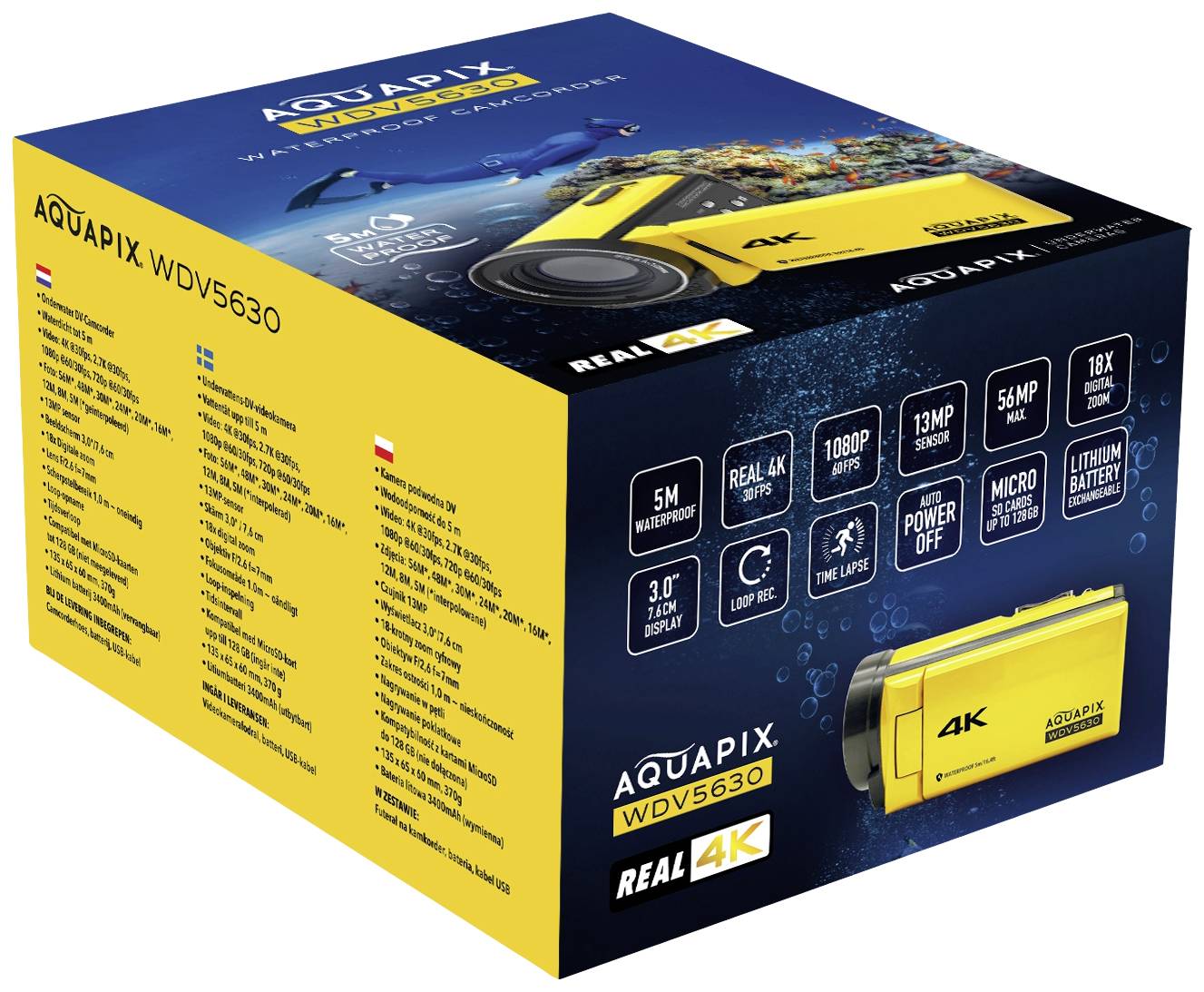 Caméra Aquapix WDV5630 jaune en résolution 4K sur l'emballage. Caractéristiques principales : étanche jusqu'à 5 m, 16 MP, vidéo 1080P, zoom 18x.