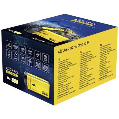 Emballage jaune d'un caméscope d'action 4K 'AquaPix WDV5630' ; montre une photo de la caméra, des spécifications dans plusieurs langues et le logo de la marque.