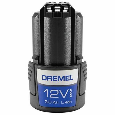 Batterie Li-Ion Dremel 12V Max de 3,0 Ah. Noir avec étiquette bleue, adaptée aux outils sans fil.