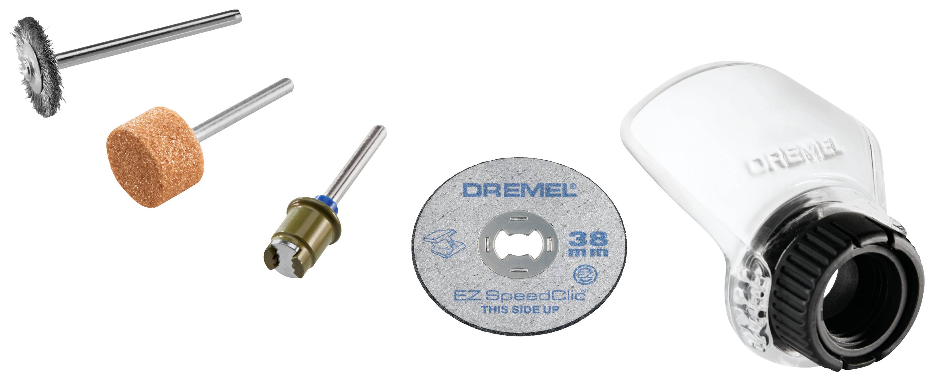 'Accessoires Dremel : Disque abrasif, pierre à aiguiser, disque de coupe, mandrin et un capot de protection, adaptés pour des travaux manuels précis.'