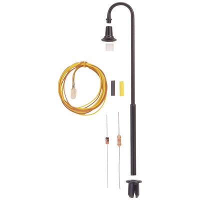 Kit de lampe composé d'un lampadaire noir, de deux résistances, d'un câble orange et de deux fiches.