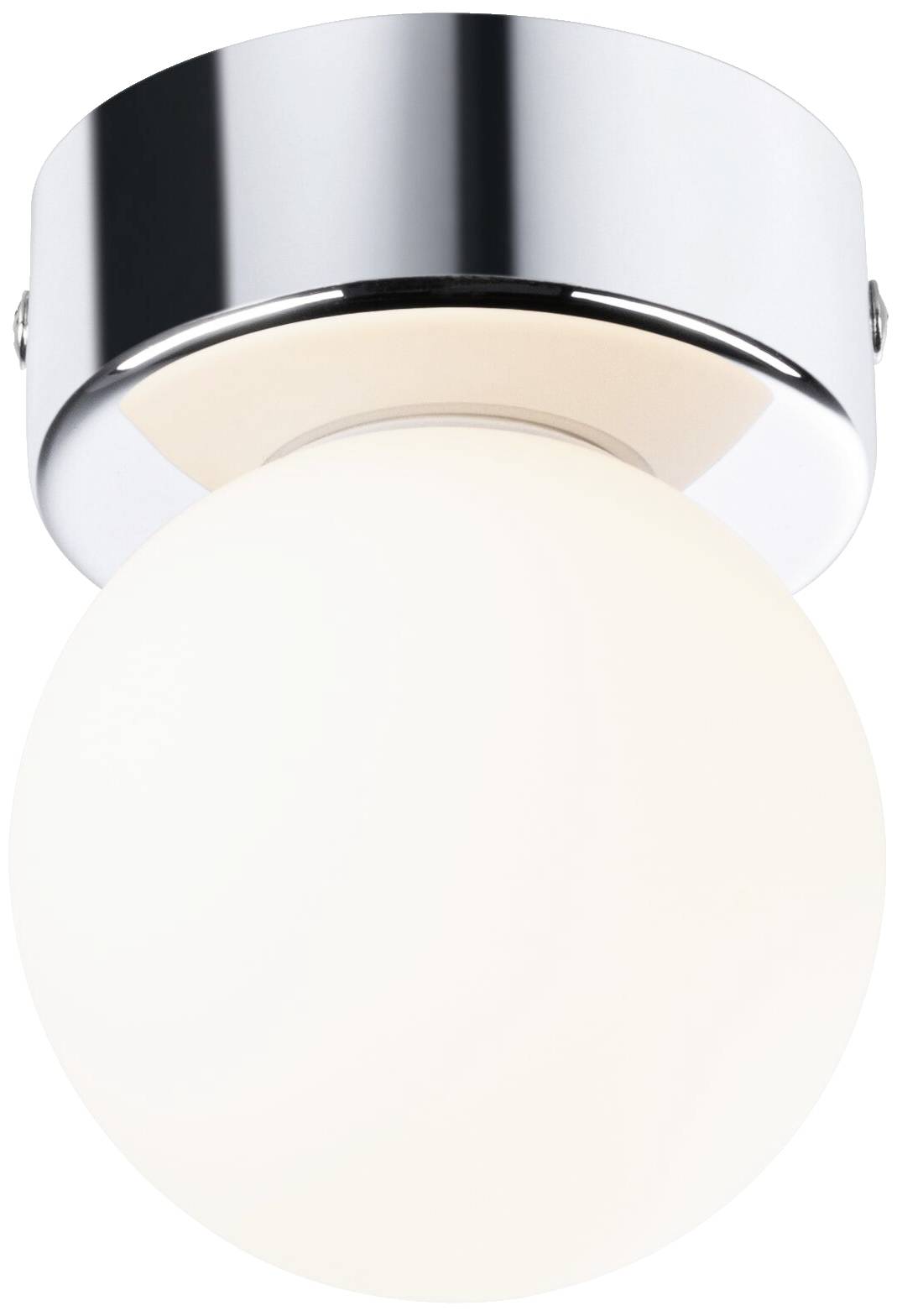 Plafonnier moderne, rond, avec un cadre chromé brillant et un diffuseur en verre opalin blanc, diffusant une lumière douce et uniforme.