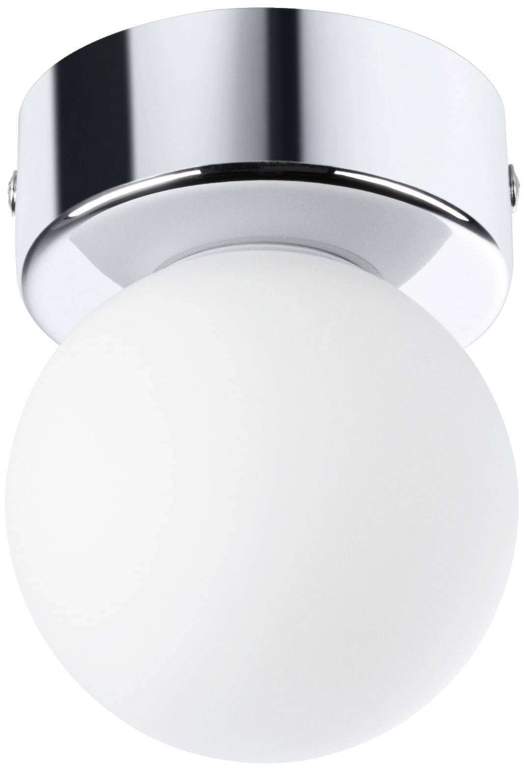 Plafonnier avec base chromée brillante et abat-jour sphérique blanc, adapté aux espaces intérieurs modernes.