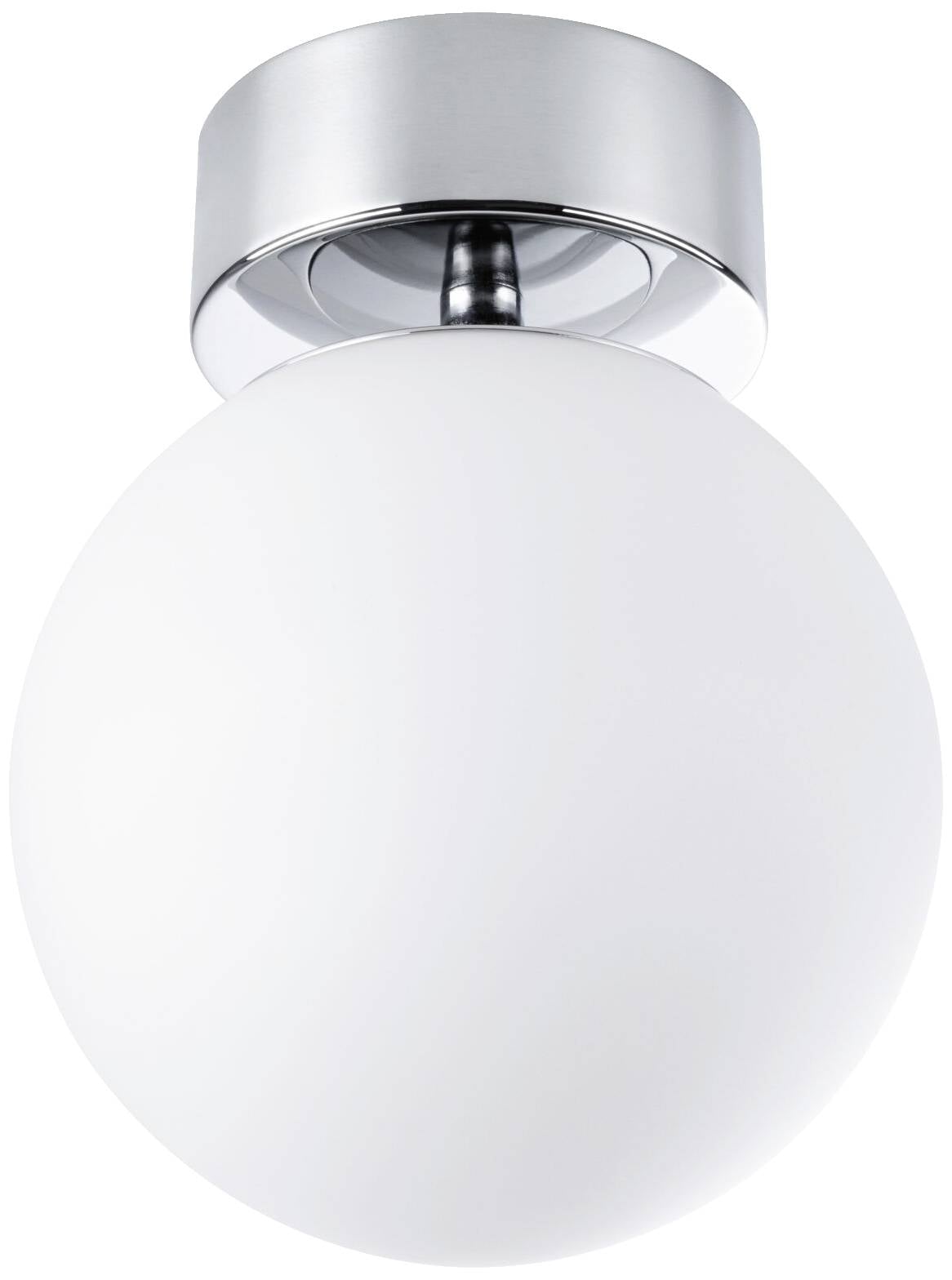 Plafonnier argenté avec un abat-jour rond en verre blanc. Style moderne, convenant au salon ou au couloir.