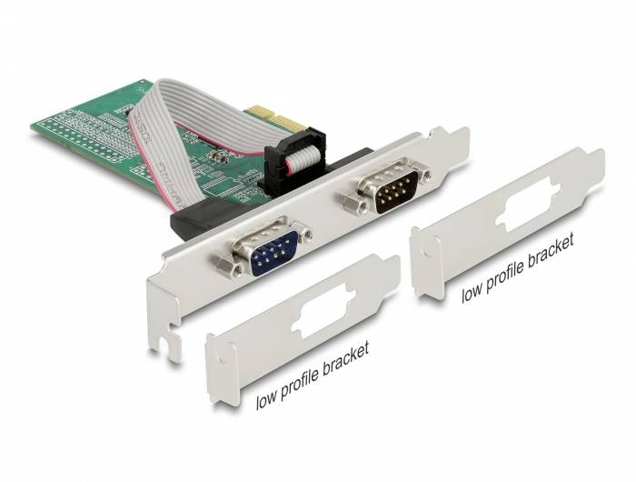 La figure présente une carte PCI-Express série avec deux ports DB9 et un support de profil bas destiné à remplacer le support standard.