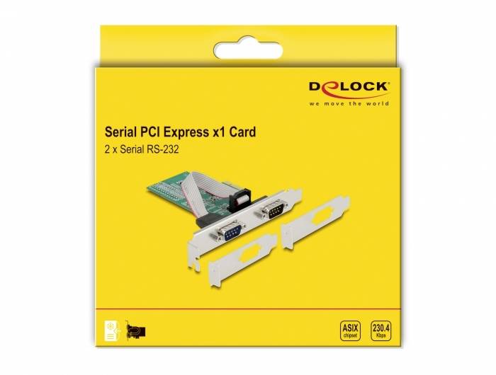 Emballage d'une carte PCI Express série x1 de Delock avec deux ports RS-232, illustrée avec la carte et deux supports.