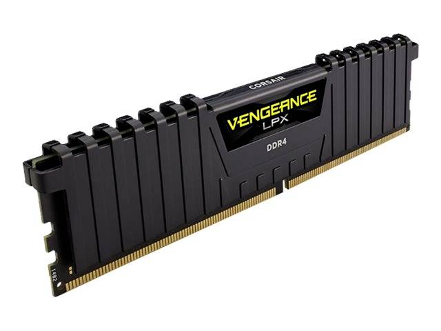 Un barreau de RAM DDR4 noir de la marque Corsair portant l'inscription 'Vengeance LPX'. Adapté pour les PC hautes performances.