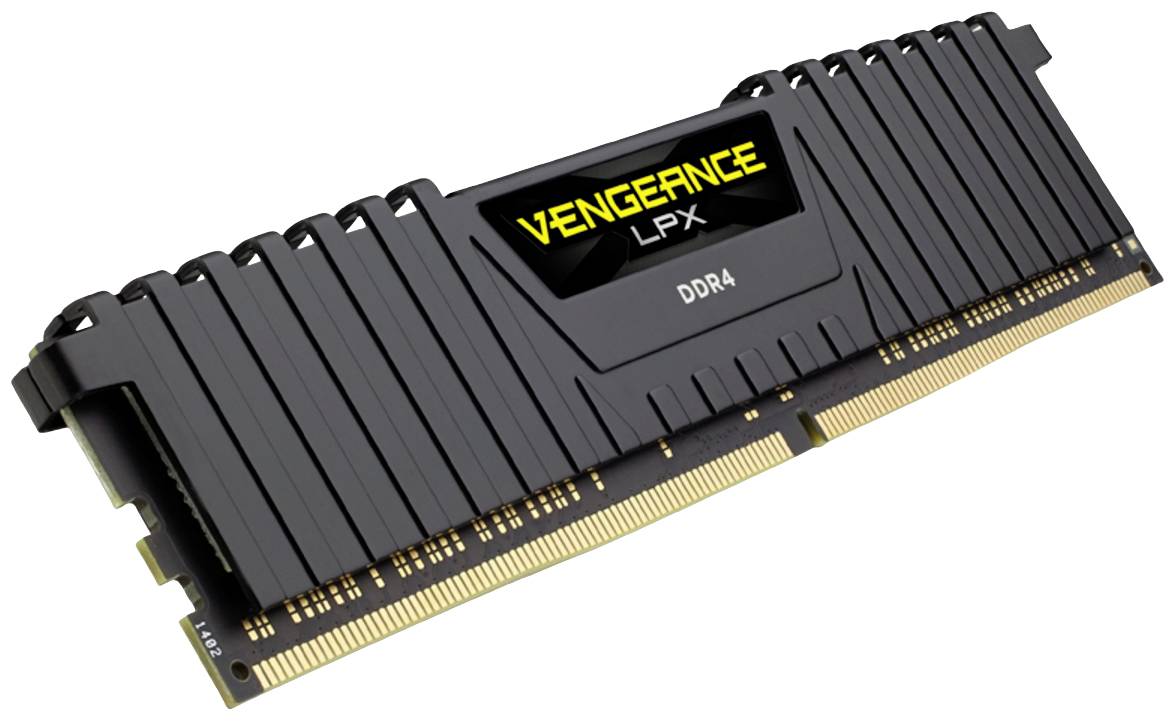 Barrette de RAM DDR4 noire portant l'inscription 'Vengeance LPX' ; adaptée aux ordinateurs haute performance.