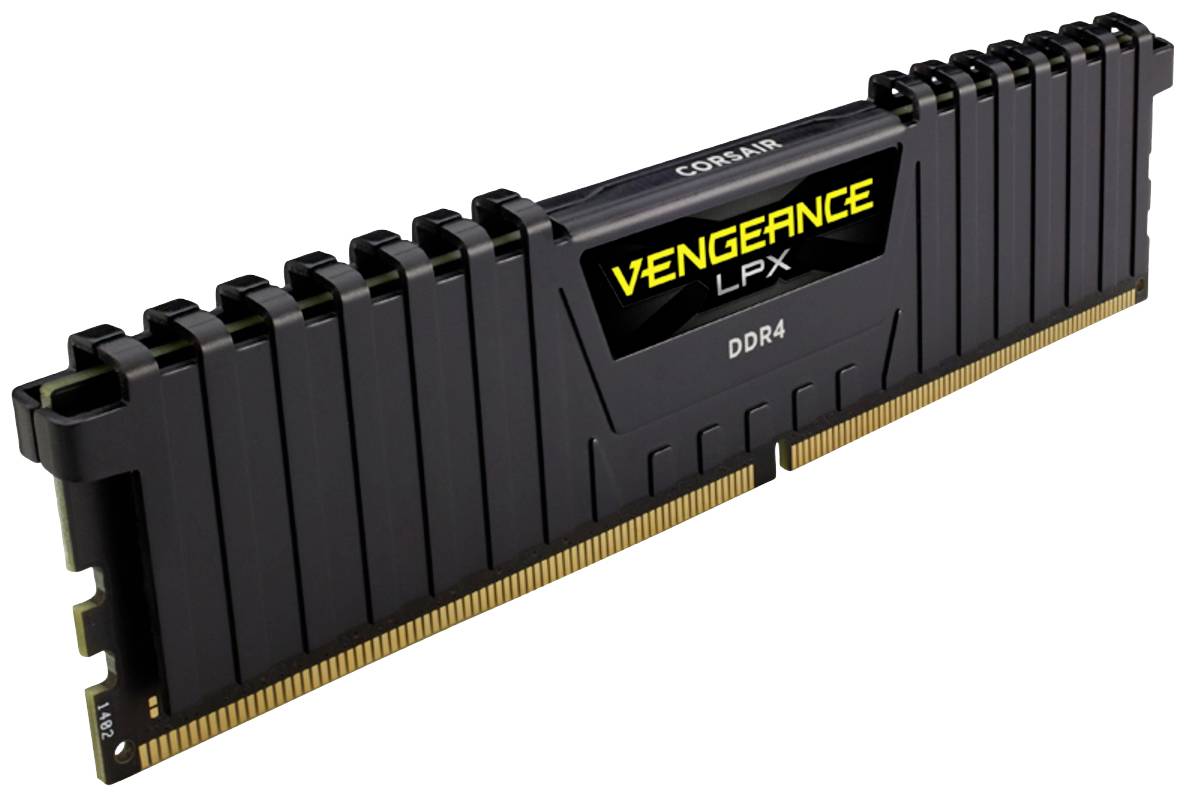Barrette de RAM DDR4 Corsair Vengeance LPX noire avec contacts dorés, vue latérale.