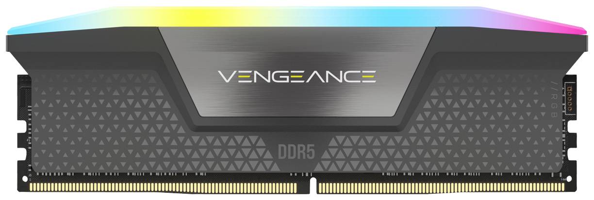 Module de RAM avec éclairage RVB et l'inscription 'Vengeance DDR5', noir avec un motif géométrique, contacts dorés en bas.