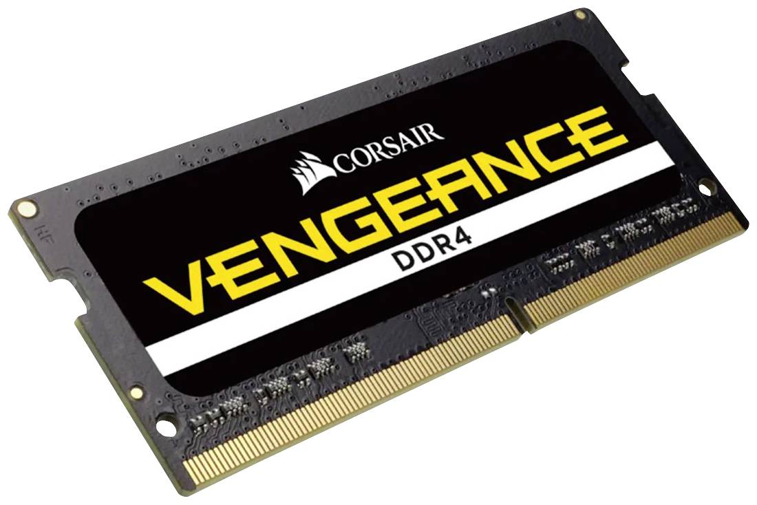 Un module RAM de Corsair portant l'inscription 'Vengeance DDR4', design noir avec des accents jaunes, adapté aux PC hautes performances.