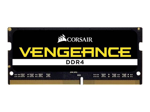 Une carte mémoire RAM Corsair Vengeance DDR4 en noir, avec marquage jaune.