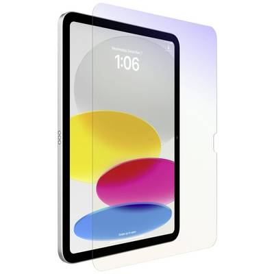 Une tablette équipée d'un film de protection d'écran partiellement transparent. L'écran affiche des cercles colorés qui se chevauchent et l'heure 1:06.