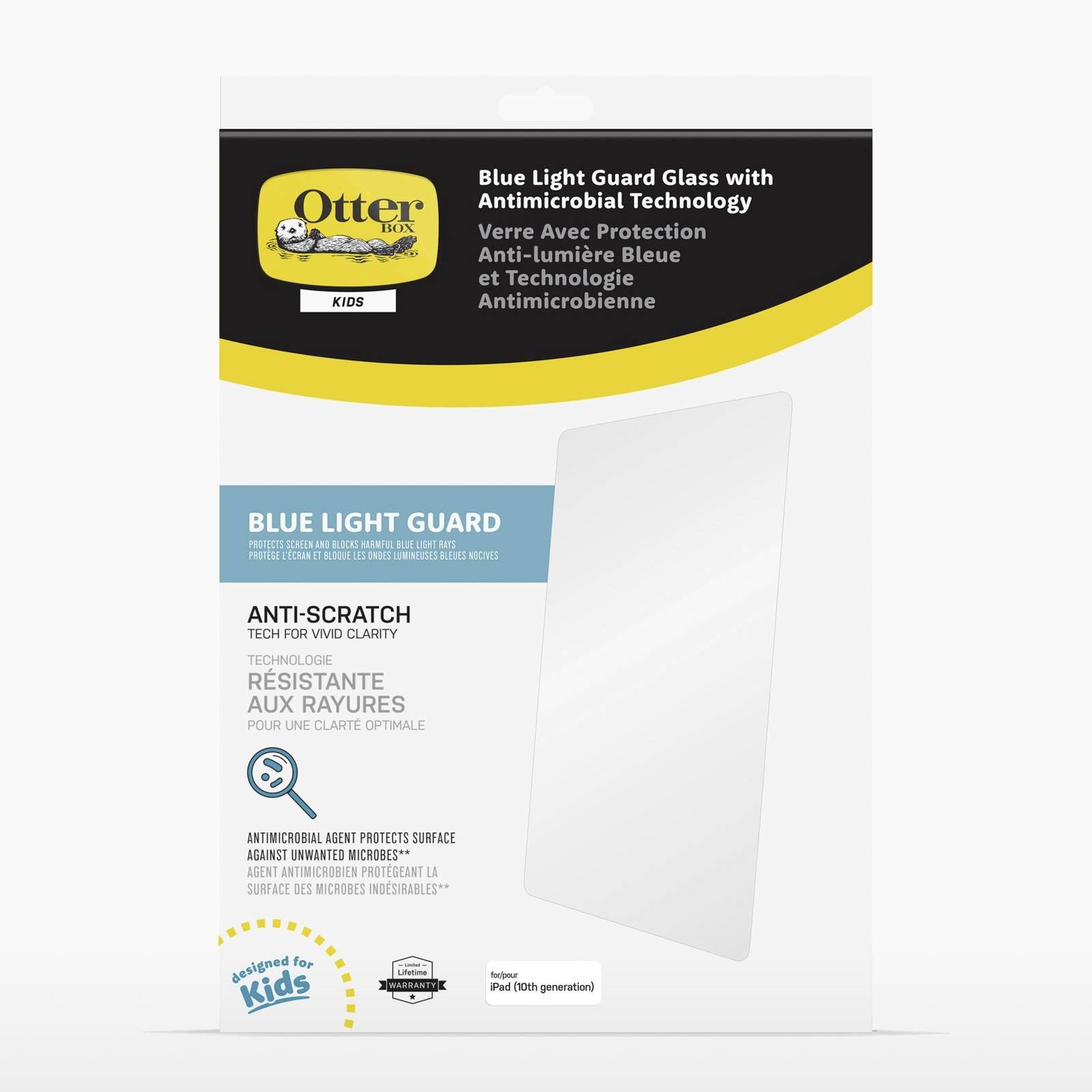 'Emballage de la Protection en Verre Blue Light Guard d'OtterBox pour iPad (10,2 pouces, 9e génération) avec technologie de protection contre la lumière bleue et anti-rayures. Optimisé pour les enfants.'