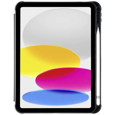 Tablette avec un stylet joint affichant un design coloré avec quatre formes ovales en gris, jaune, rose et bleu sur l'écran.