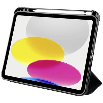 Une tablette dans un étui protecteur affiche une image avec des ovales jaunes, roses et gris. La tablette est posée sur un support.