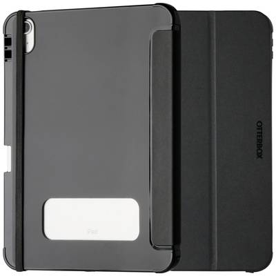 Étui pour tablette noir avec support intégré, fenêtre transparente à l'arrière et logo 'OtterBox' sur la face avant.