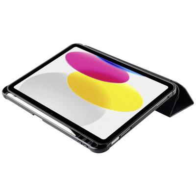 Tablette sur support avec un écran lumineux, montrant des cercles colorés et superposés en rose, jaune et bleu sur un fond gris.