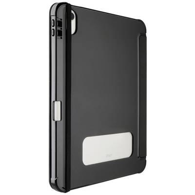 Étui noir pour tablette avec bande élastique et ouverture pour appareil photo, offrant protection et fonctionnalité pour un appareil électronique.