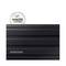 Disque dur externe Samsung en noir, à côté d'un symbole de coche avec le texte 'compatible macOS'.