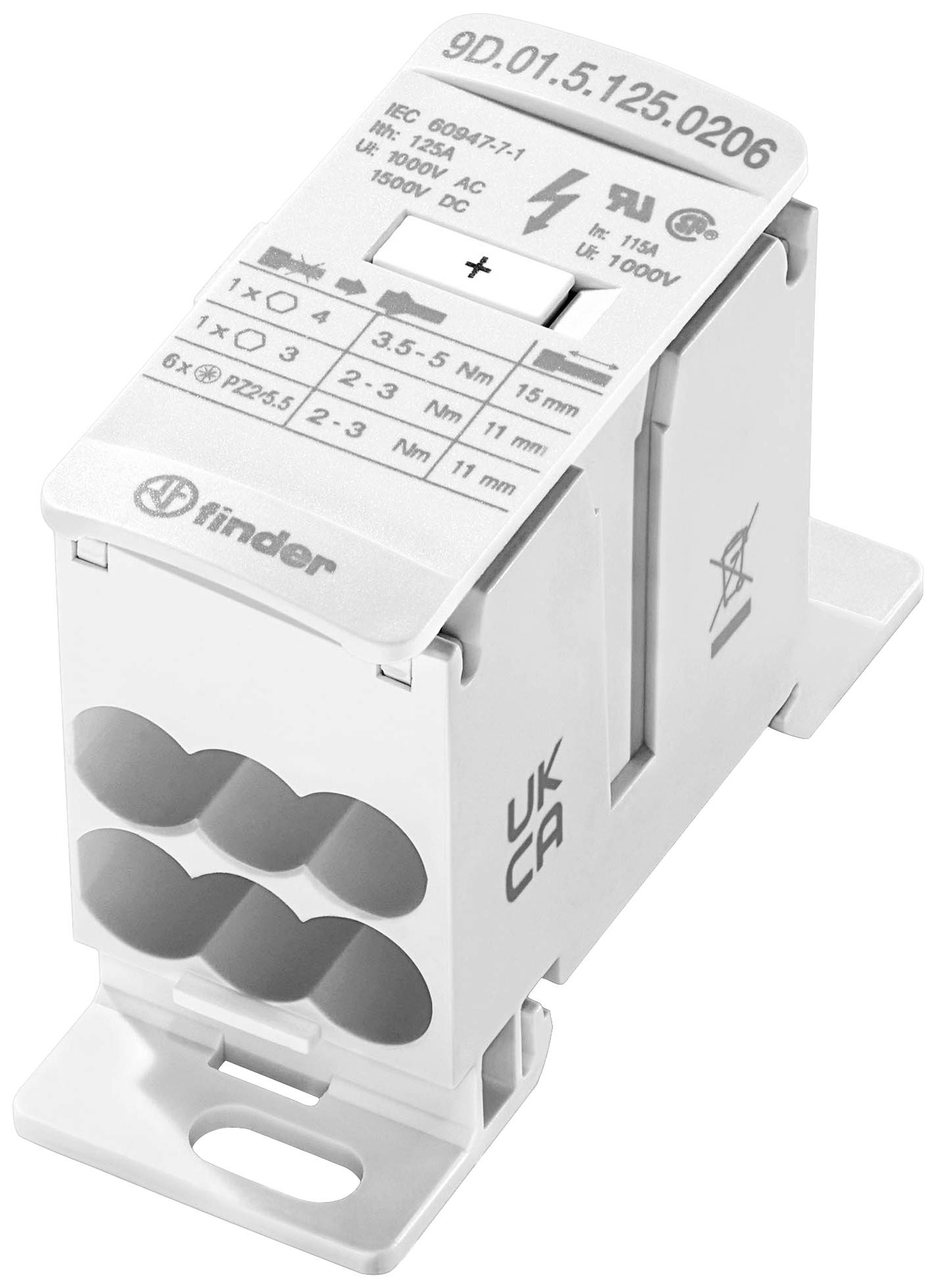 Un connecteur électrique multibornes avec des étiquettes de spécification indiquant la tension et l'intensité du courant.