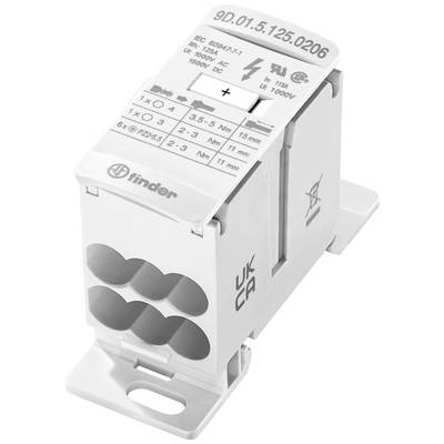 Un connecteur électrique multibornes avec des étiquettes de spécification indiquant la tension et l'intensité du courant.