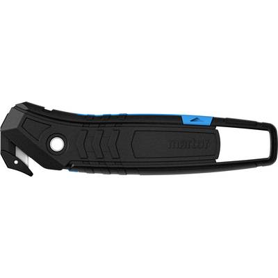 Couteau de sécurité noir avec des accents bleus, adapté pour couper des matériaux d'emballage, livré avec une housse de protection.