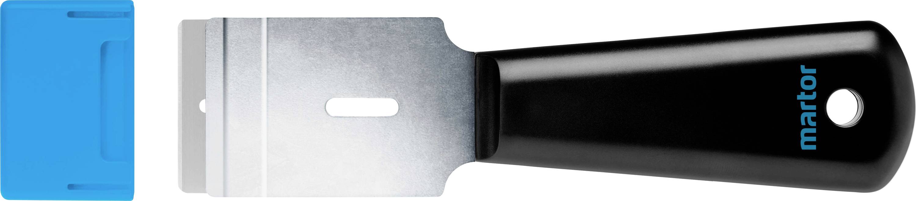 Grattoir à main avec manche noir et lame argentée, à côté d'un capuchon de protection bleu.