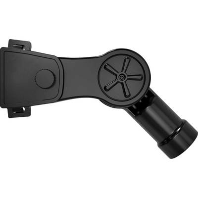 Un bras de support noir, ajustable, doté d'une articulation ronde et d'une extrémité cylindrique, sur un fond simple.