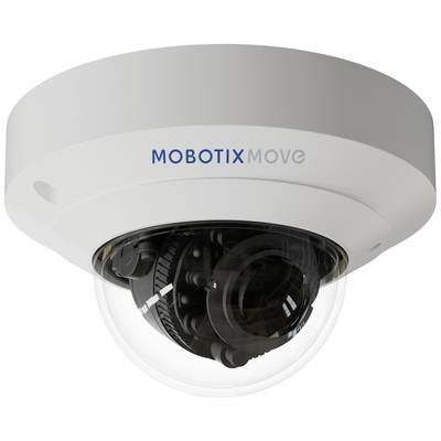 Caméra de surveillance dôme de Mobotix avec le logo 'MOBOTIX move' sur le devant. La caméra est blanche et compacte.