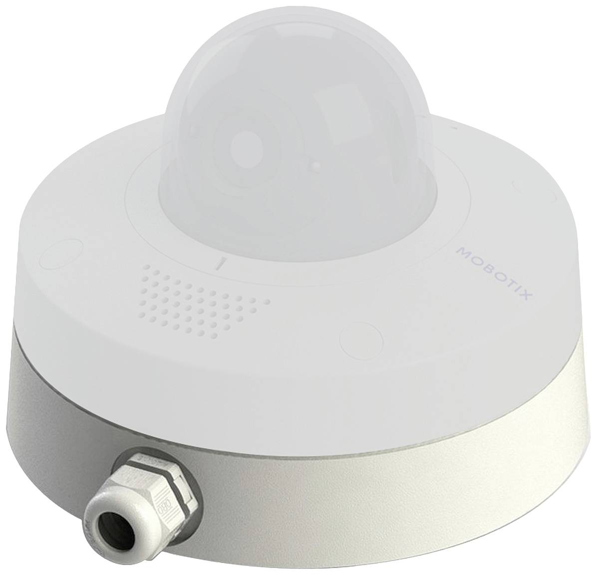 Caméra de surveillance dans un support blanc avec un objectif dôme. Convient pour une installation murale ou plafonnière à des fins de sécurité.