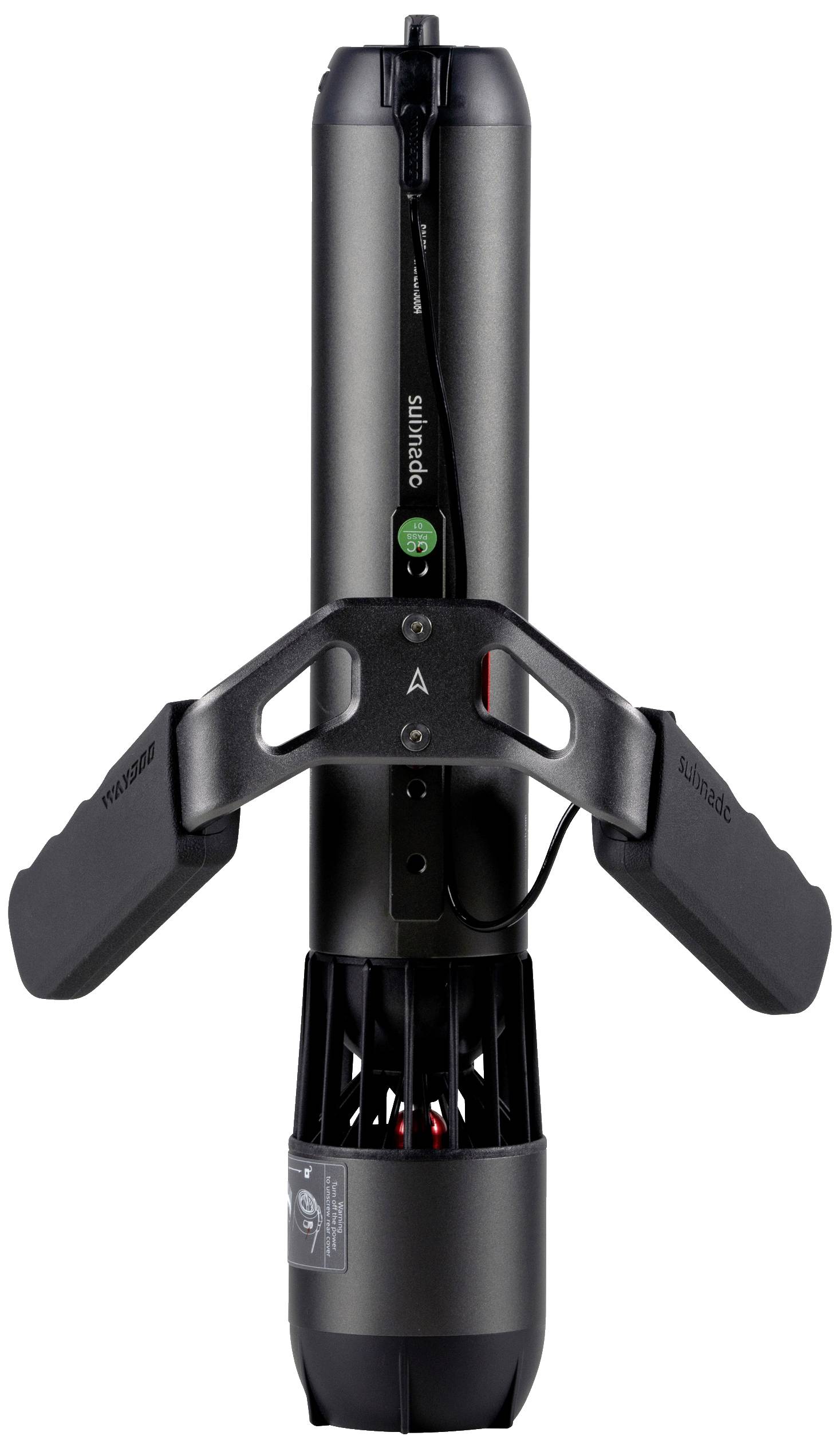 Un scooter de plongée électrique noir pointe vers le haut, équipé de deux poignées latérales et d'un ventilateur sur sa face inférieure.