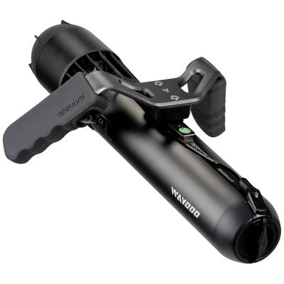 Scooter sous-marin noir avec poignée et bouton vert, adapté aux plongeurs pour faciliter les déplacements sous-marins.