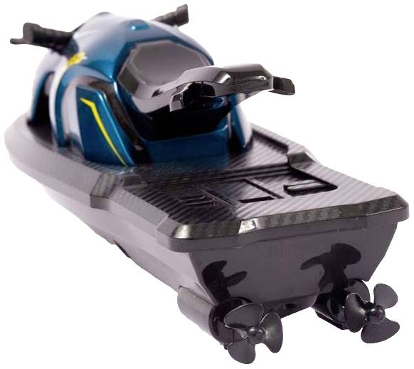 Un petit véhicule aquatique télécommandé en bleu et noir avec deux hélices visibles à l'arrière.