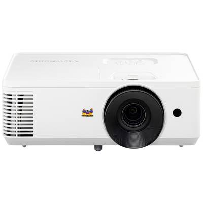 Projecteur blanc avec logo du fabricant à l'avant, objectif central, fentes de ventilation sur les côtés.