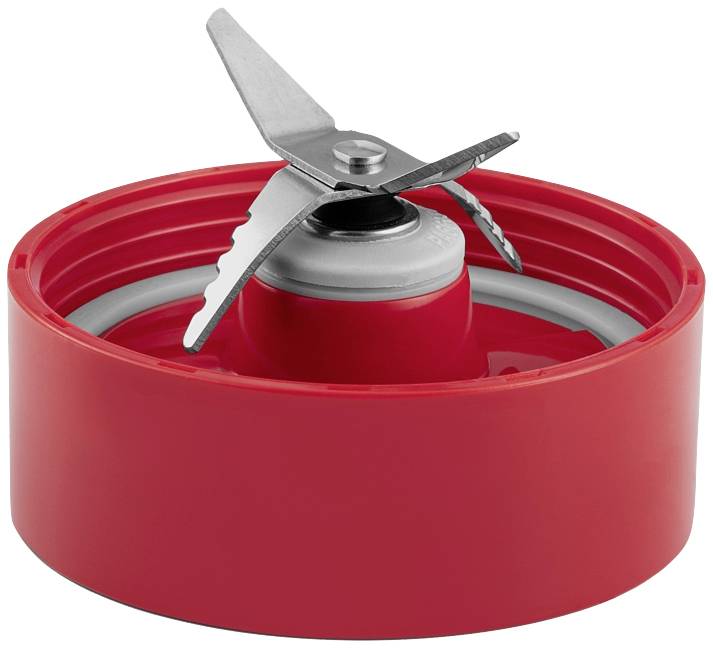 Un couteau de mixeur ou de hachoir rouge avec des lames dentelées, encastrées dans un support rond.